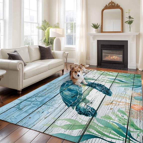 Coastal Turtle Area Rug 5x7 FT, Non Slip Bedroom Throw Carpet, Nautical Ocean Shells Seaweeds Starfish Washable Soft Floor Carpet Non-Shedding Rug for Dining Room Bedside Classroom Desk