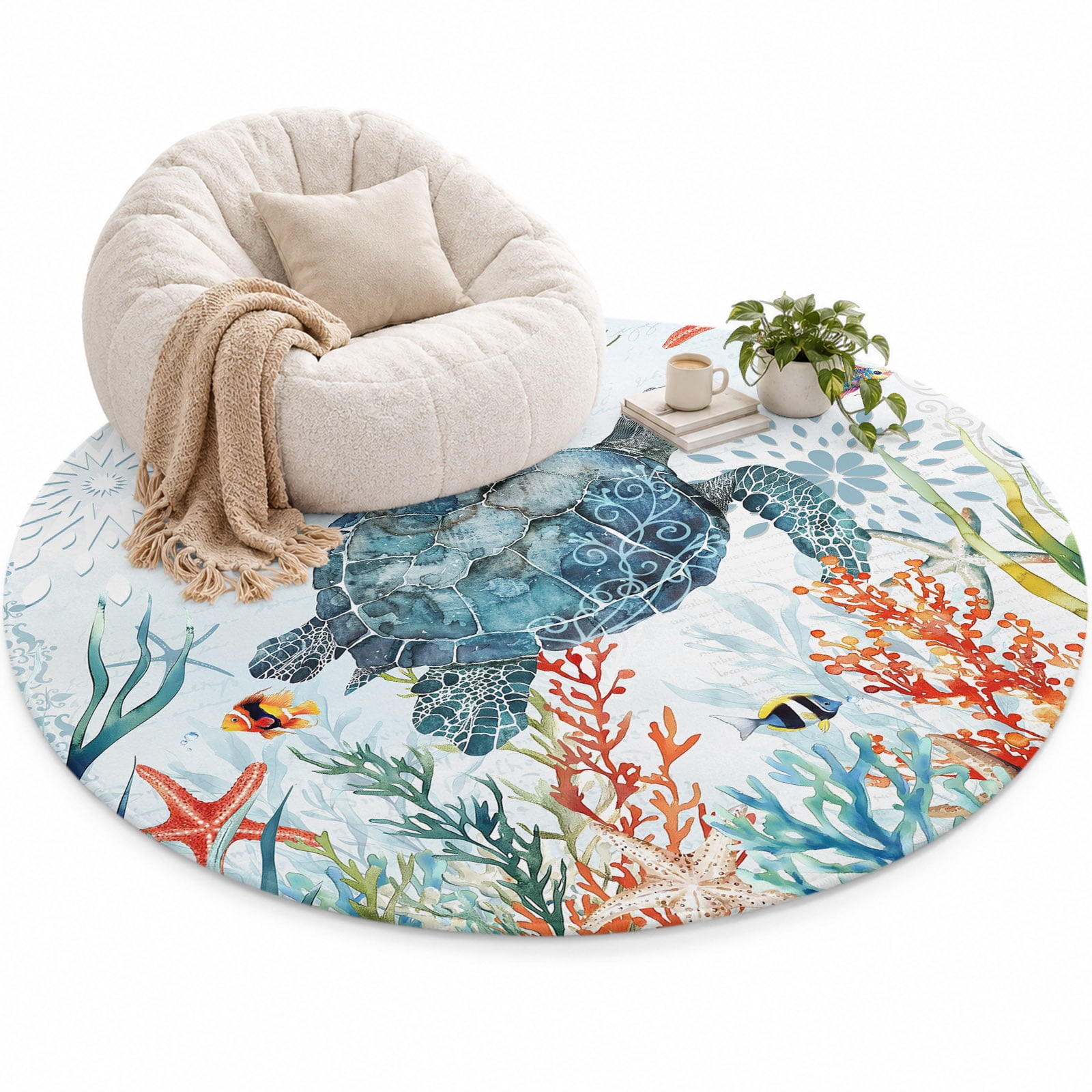 Coastal Turtle Area Rug 6', Ocean Coral Seaweed Soft Mat Non-Slip ...