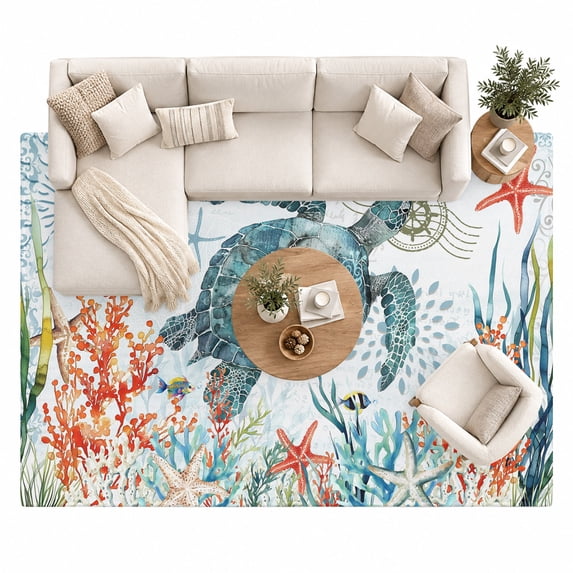 Coastal Turtle Area Rug 8'x10', Ocean Coral Seaweed Large Area Rugs Non ...