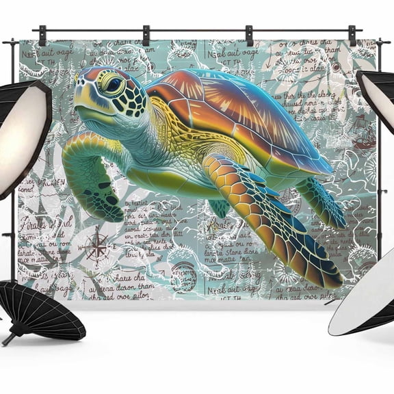 Coastal Turtle Backdrop for Photography,Fabric Photo Background Backdrop,Farmhouse Ocean Nautical Marine Life Photo Booth Background for Portrait Photoshoot Video Wedding Decoration Banner 10x8ft
