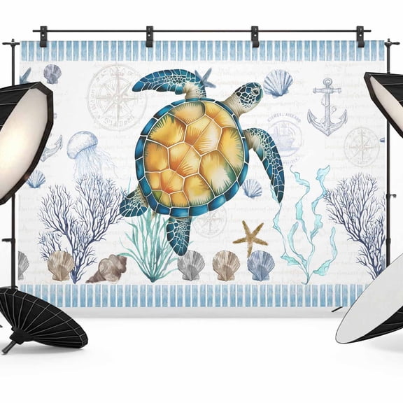 Coastal Turtle Backdrop for Photography,Fabric Photo Background Backdrop,Ocean Nautical Starfish Conch Seashells Photo Booth Background for Portrait Photoshoot Video Wedding Studio Banner 12x8ft