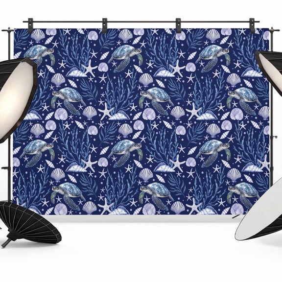 Coastal Turtle Backdrop for Photoshoot,Photography Photo Studio Background Wall Backdrop,Blue Ocean Starfish Retro Coral Shell Back Drop Banner Panel for Portraits Wedding Party Live Streaming 7x5Ft