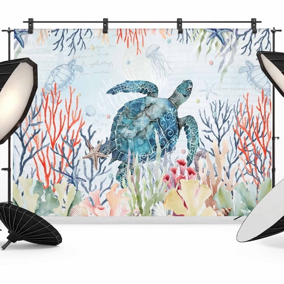 Coastal Turtle Backdrop for Photoshoot,Photography Photo Studio Background Wall Backdrop,Nautical Ocean Coral Jellyfish Seashells Back Drop Banner Panel for Portraits Wedding Live Streaming 7x5Ft