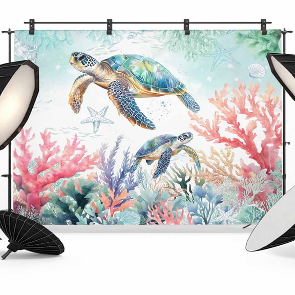 Coastal Turtle Backdrop for Photoshoot,Photography Photo Studio Background Wall Backdrop,Nautical Ocean Coral Starfish Seashells Back Drop Banner Panel for Portraits Wedding Live Streaming 7x5Ft