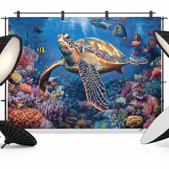 Coastal Turtle Backdrop for Photoshoot,Photography Photo Studio Background Wall Backdrop,Turquoise Coral Tropical Ocean Animal Fish Back Drop Banner Panel for Portraits Wedding Live Streaming 12x8Ft