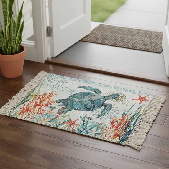 Coastal Turtle Bathroom Rug 2'x3', Summer Beach Nautical Coral Starfish Low Profile Front Entryway Rug with Tassels, Woven Cotton Washable Kitchen Mat Carpet for Foyer Bedroom Back Door Decor
