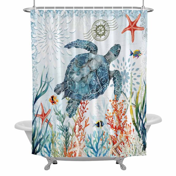 Coastal Turtle Bathroom Shower Curtain, Ocean Coral Seaweed Summer Nautical Waterproof Washable Soft Bath Curtain for Bathtub Decor with 12 Hooks&Grommet, 36x72 Inch