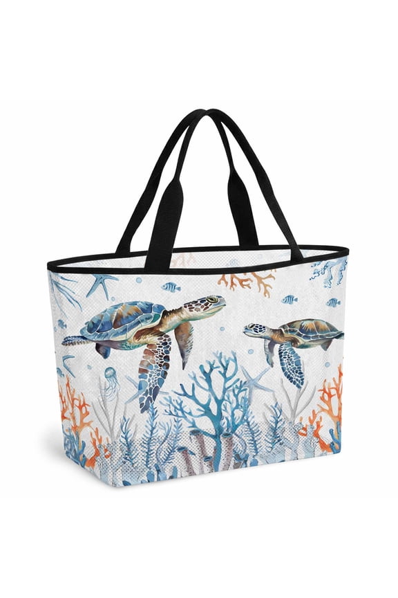 Coastal Turtle Beach Bag for Women, Large Breathable Mesh Beach Tote Bag, Blue Ocean Coral Starfish Seagrass Sandproof Lightweight Travel Bags for Vacation Picnic Swimming Pool 15.7"x15.7"x9.1"
