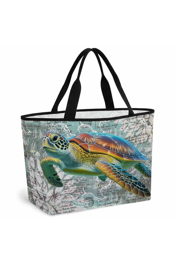 Coastal Turtle Beach Bag for Women, Large Breathable Mesh Beach Tote Bag, Farmhouse Ocean Nautical Marine Life Sandproof Lightweight Travel Bags for Vacation Picnic Swimming Pool 15.7"x15.7"x9.1"