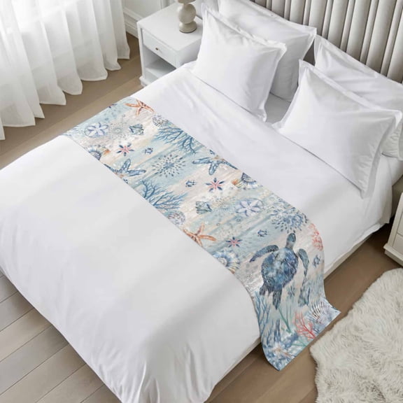 Coastal Turtle Bed Runner, Satin Bed Throw Runner for King Size Beds, Rustic Nautical Starfish Conch Coral Wood Decorative Bedding Scarf for Bedroom Hotel Wedding Room Guestrooms 102"x20"