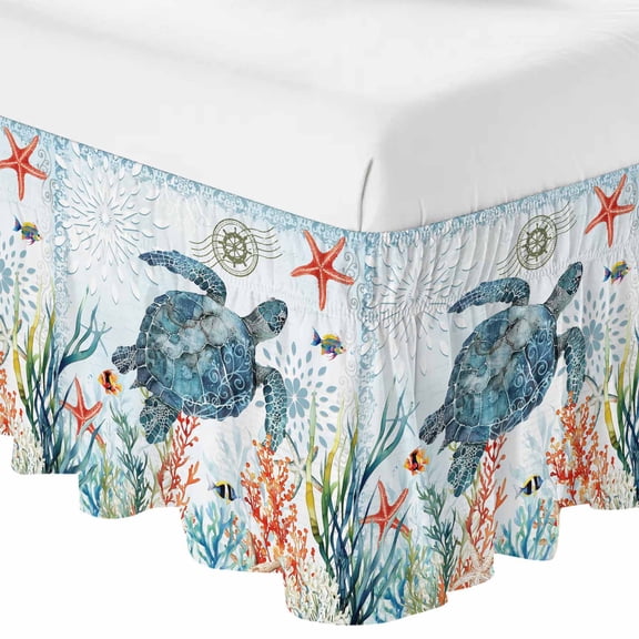 Coastal Turtle Bed Skirt Cal King Size 16 Inch Drop, Adjustable & Elastic Wrap Around Bed Skirts Pleated Dust Ruffles For Twin Full Queen Cal King Base Beds, Summer Beach Nautical Coral Starfish
