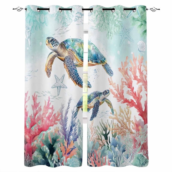 Coastal Turtle Blackout Curtains for Bedroom Living Room Darkening Curtains 54 Inch Long Nautical Ocean Coral Starfish Seashells Short Curtain for Small Window Treatment Grommet Drapes 42"x54"x2
