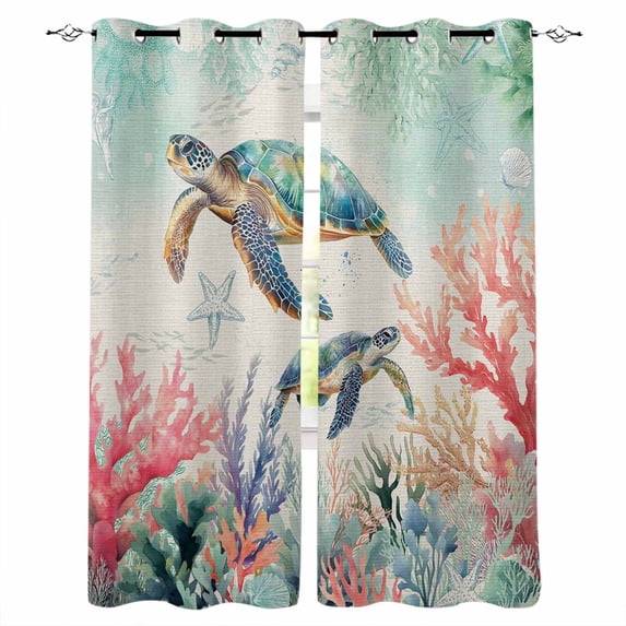 Coastal Turtle Blackout Curtains for Bedroom Living Room Darkening Curtains 90 Inch Farmhouse Nautical Coral Starfish Seashells Black Out Window Curtain Privacy Window Treatment Drapes 52"x90"x2