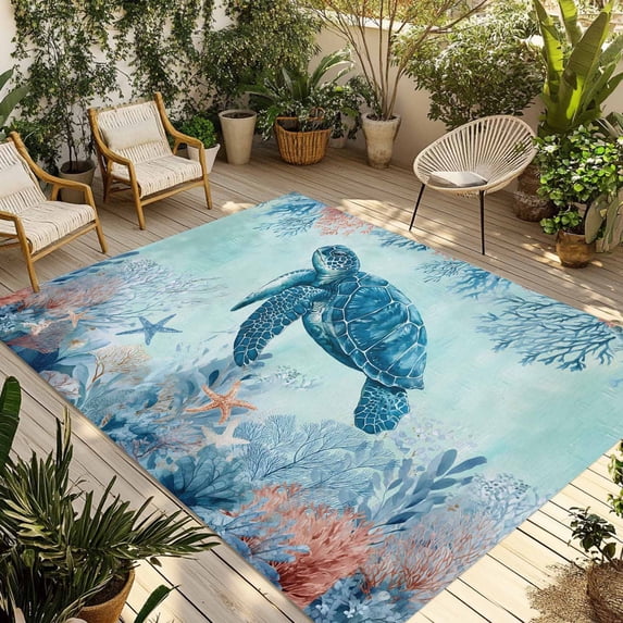 Coastal Turtle Blue Outdoor Rug 3x5 Ft - Reversible Patio Rug Outdoor Camping Rugs, Summer Beach Nautical Coral Starfish Indoor Outdoor Area Rugs, Non-Slip Outdoor Carpet Runner for Deck/Porch