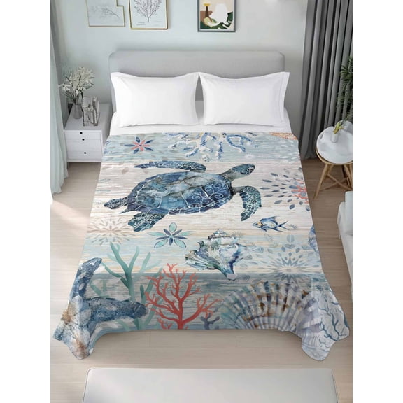 Coastal Turtle California King Size Flat Sheet, Wrinkleproof & Fadeproof Cooling Flat Bed Sheet Only, Rustic Nautical Starfish Conch Coral Wood Breathable Soft Bedding Top Sheets 108 x 98 Inches