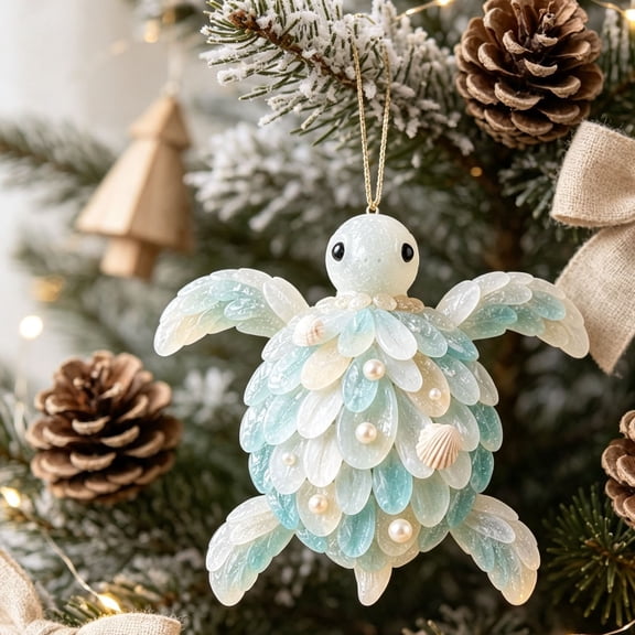 Coastal Turtle Christmas Ornament, Sea Glass Style Turtle Hanging Ornament with Shell & Pearl Details, Beach Themed Christmas Tree Decoration for Holiday Home Decor Xmas Gift