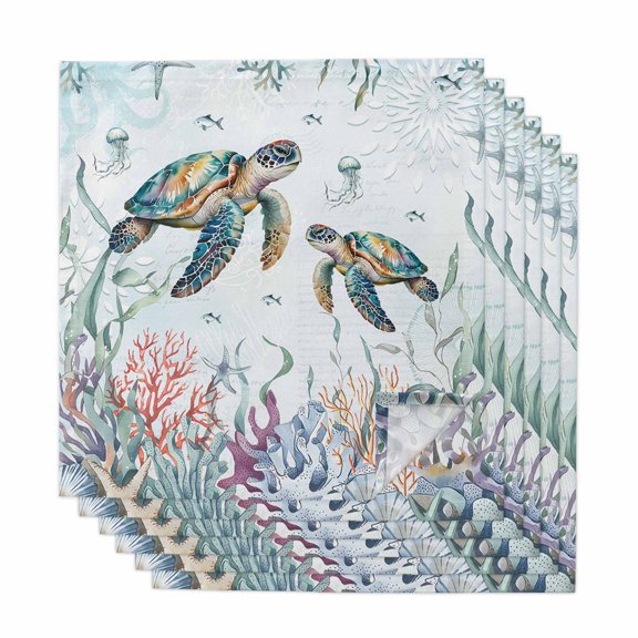 Coastal Turtle Cloth Napkins, Ocean Starfish Coral Nautical Octopus Washable and Reusable Dinner Napkins Set of 6, Table Napkin for Kitchen Party Birthday Wedding Hotel Housewarming 20"x20"
