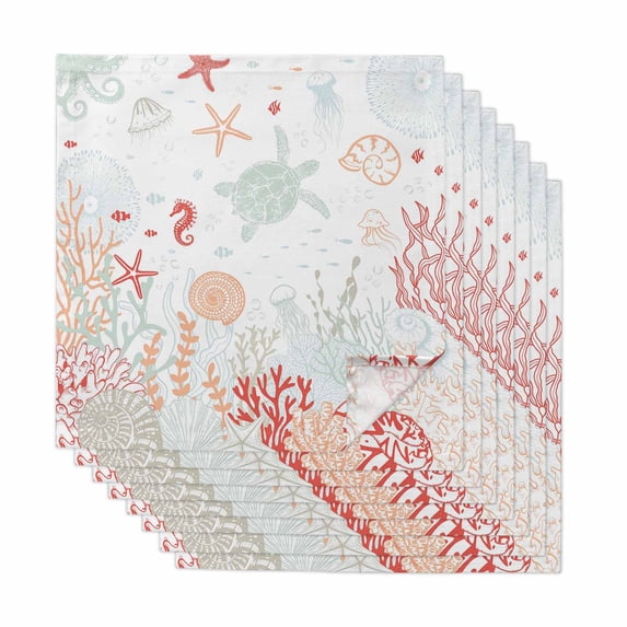 Coastal Turtle Cloth Napkins, Orange Red Coral Green Jellyfish Starfish Washable and Reusable Dinner Napkins Set of 8, Table Napkin for Kitchen Party Birthday Wedding Hotel Housewarming 20"x20"