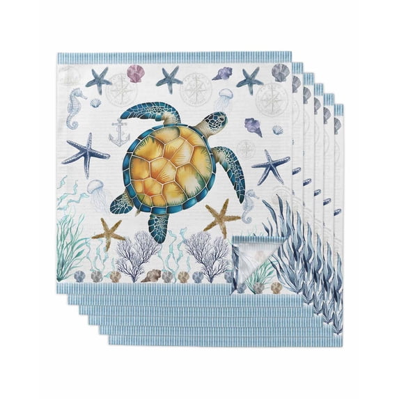 Coastal Turtle Cloth Napkins Set of 6 Reusable Dinner Napkins, Ocean Nautical Starfish Conch Seashells Cocktail Napkin Washable Table Napkins for Wedding/Holiday Party/Baby Shower 20"x20"