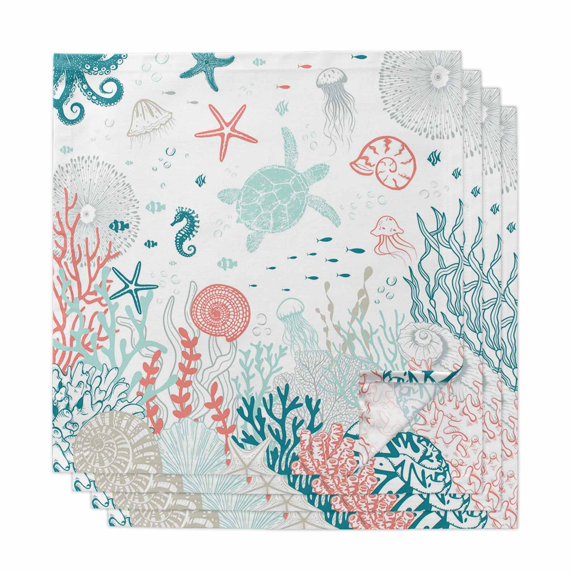 Coastal Turtle Cloth Napkins, Teal Green Ocean Coral Starfish Jellyfish Washable and Reusable Dinner Napkins Set of 4, Table Napkin for Kitchen Party Birthday Wedding Hotel Housewarming 20"x20"