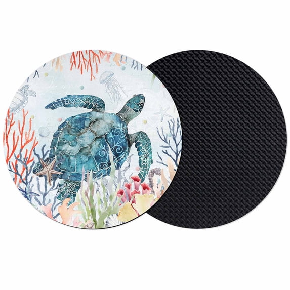 Coastal Turtle Coasters Set of 2, Absorbent Coasters for Drinks, Nautical Ocean Coral Jellyfish Seashells Coaster for Desk Coffee Table Protection, Home Decor House Warming Gifts 4"