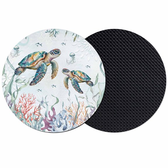 Coastal Turtle Coasters Set of 2, Ocean Starfish Coral Nautical Octopus Absorbent Coasters for Drinks, Coaster for Bar Office Dining Coffee Table Accessories Decor, Non Slip Round Desk Coaster