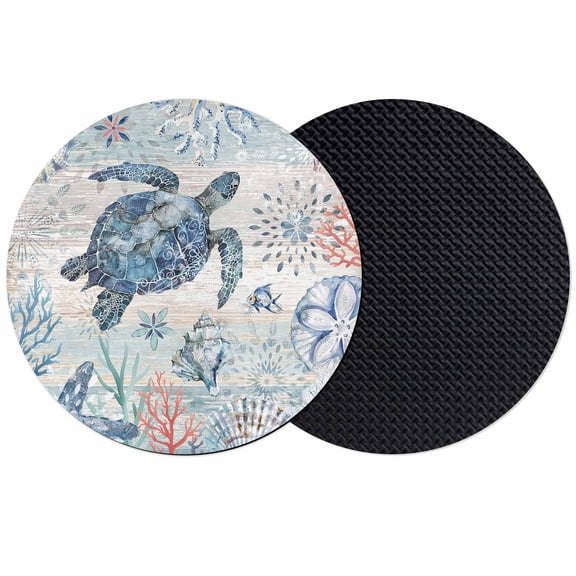 Coastal Turtle Coasters Set of 2, Rustic Nautical Starfish Conch Coral Wood Absorbent Coasters for Drinks, Coaster for Bar Office Dining Coffee Table Accessories Decor, Non Slip Round Desk Coaster