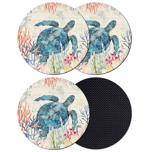 Coastal Turtle Coasters Set of 4, Absorbent Coasters for Drinks, Farmhouse Nautical Coral Jellyfish Starfish Coaster for Desk Coffee Table Protection, Home Decor House Warming Gifts 4"