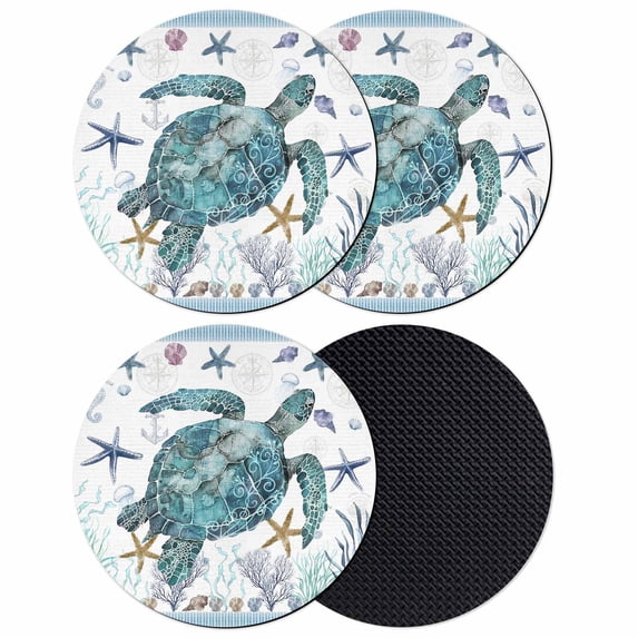Coastal Turtle Coasters Set of 4, Absorbent Coasters for Drinks, Nautical Starfish Coral Jellyfish Stripes Coaster for Desk Coffee Table Protection, Home Decor House Warming Gifts 4"