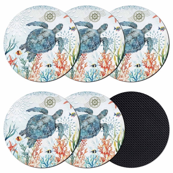 Coastal Turtle Coasters Set of 6, Soft Absorbent Coasters for Drinks, Summer Beach Nautical Coral Starfish Non-Slip Cup Coaster Mat with Rubber Bottom for Home Kitchen Desk Coffee Bar Table Decor 4"
