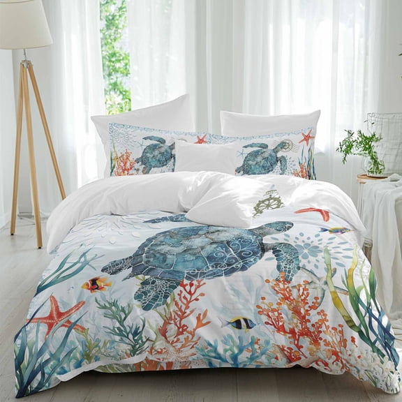 Coastal Turtle Comforter Set Twin Size, Ocean Coral Seaweed Summer Nautical Soft Bedding Set for Man Woman, 4 Pieces Duvet Cover Set with Fitted Sheet, 2 Pillowcases