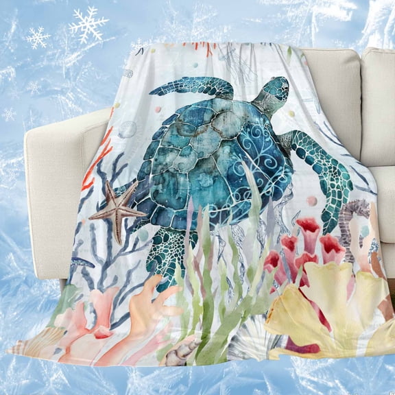 Coastal Turtle Cooling Blanket,Lightweight Breathable Summer Throw Blanket with Double Sided Cold Effect,Nautical Ocean Coral Jellyfish Seashells Picnic Blankets Bed Sheet for Hot Sleepers 30"x40"