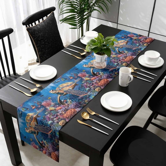 Coastal Turtle Cotton Linen Small Table Runner 13 x 48 inch Turquoise Coral Tropical Ocean Animal Fish Non-slip Rectangular Dining Table Decor for Wedding Party Holiday Dinner