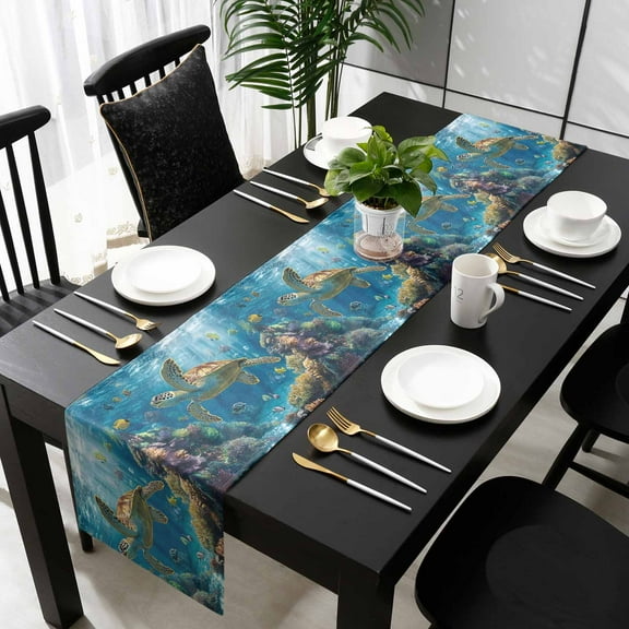 Coastal Turtle Cotton Linen Table Runner 18 x 72 inch Turquoise Tropical Ocean Animal Coral Non-slip Rectangular Dining Table Decor for Wedding Party Holiday Dinner