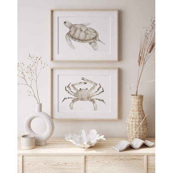 Coastal Turtle Crab Neutral Farmhouse Wall Art Set 2 Unframed Paper Print 8x12