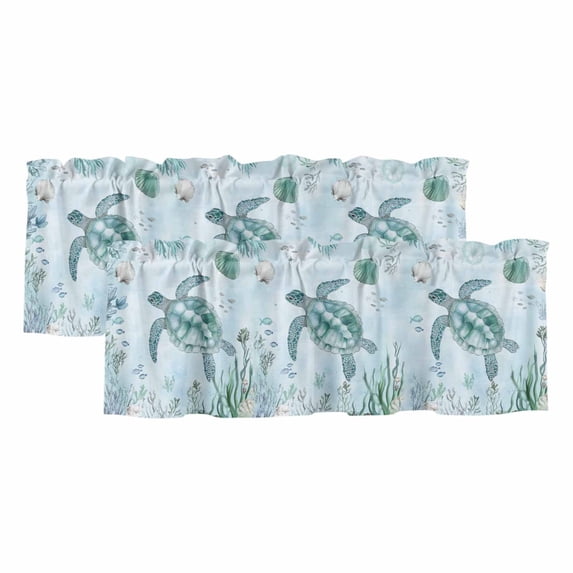 Coastal Turtle Curtain Valances for Windows, Kitchen Valance Window Treatments Panel 2 Pack, Beach Nautical Seashells Seaweed Coral Rod Pocket Short Curtains for Bathroom Bedroom 54 x 18 Inch