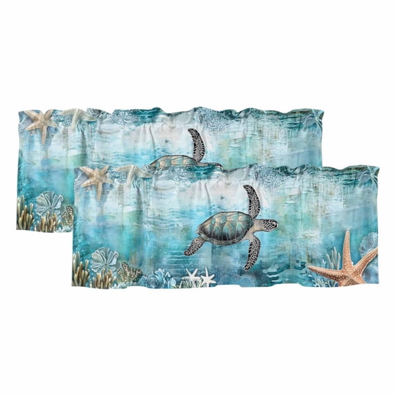 Coastal Turtle Curtain Valances for Windows, Kitchen Valance Window Treatments Panel 2 Pack, Ocean Starfish Seaside Vintage Rod Pocket Short Curtains for Bathroom Bedroom 60 x 18 Inch