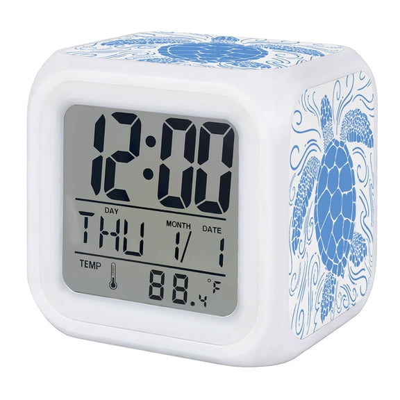 Coastal Turtle Digital Alarm Clock for Bedrooms, Smart LED Alarm Clock with 7 Color Changing Night Light, Blue Ocean Boho Summer Beach Weaves Silent Wake Up Clocks for Sleep Study Cooking 3.2"x3.2"