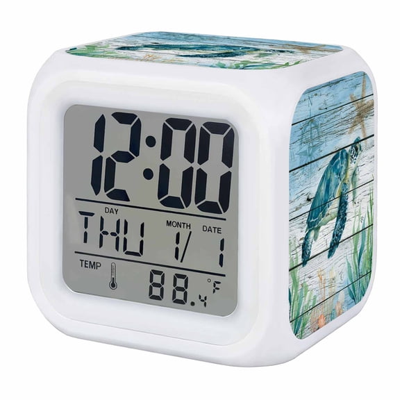 Coastal Turtle Digital Alarm Clock for Bedrooms,Smart LED Alarm Clock with 7 Color Changing Night Light,Nautical Ocean Shells Seaweeds Starfish Silent Wake Up Clocks for Sleep Study Cooking 3.2"x3.2"