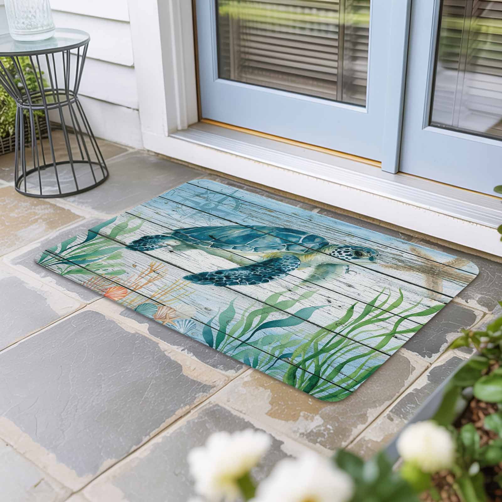 Coastal Turtle Door Mat Indoor Outdoor, Nautical Ocean Shells Seaweeds ...
