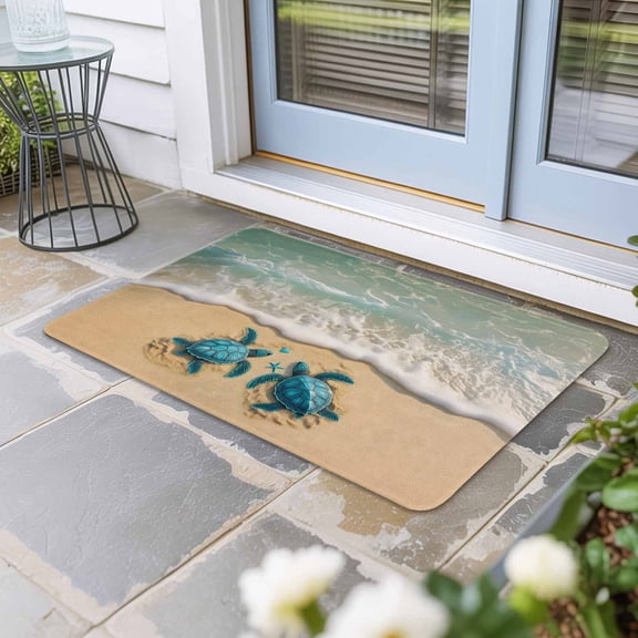 Coastal Turtle Door Mat Indoor Outdoor, Summer Beach Nautical Ocean Waves Non Slip Welcome Mat with Rubber Backing, Absorbent Fabric Front Door Mats Entryway Rug for Home Patio Entrance 16"x24"