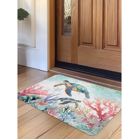 Coastal Turtle Door Mat&nbsp;Indoor Outdoor Entrance, Non Slip Rug for Kitchen Bathroom Entryway Rug, Nautical Ocean Coral Starfish Seashells Washable Doormat Floor Mat for Office 24x36 Inch