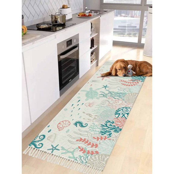 Coastal Turtle Entryway Runner Rug 2x4ft,Teal Green Ocean Coral Starfish Jellyfish Washable Woven Living Room Hallway Bedroom Kitchen Carpet with Tassels,Indoor Outdoor Throw Door Mat for Entryway