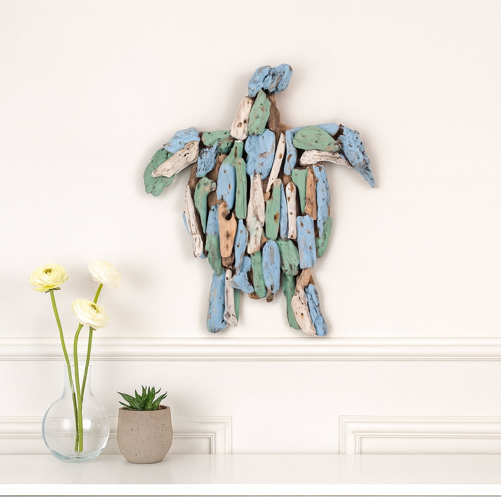 Driftwood Turtle Art Sculpture for Home Decor - Wall Figurine Accent for Bathroom, Living Room, or Office Space - Coastal Ornaments for Shelf Styling or Coffee Table Display - 12", Blue & Green