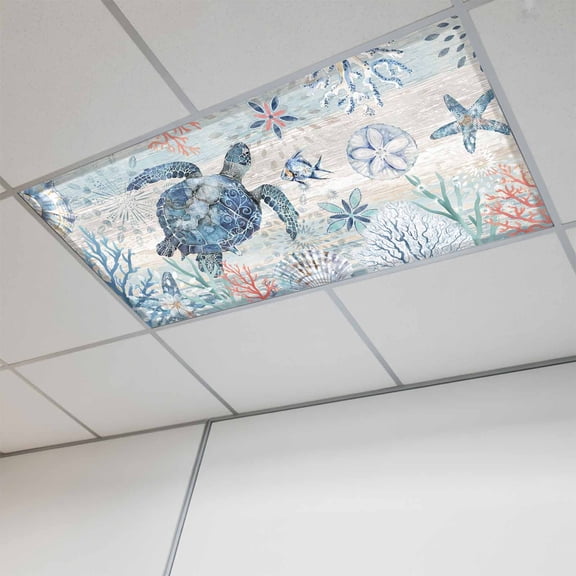 Coastal Turtle Fluorescent Light Covers, Rustic Nautical Starfish Conch Coral Wood Magnetic Light Covers for Ceiling Lights, Fluorescent Ceiling Shade for Classroom Bedroom Office 4x2Ft x 1PCS