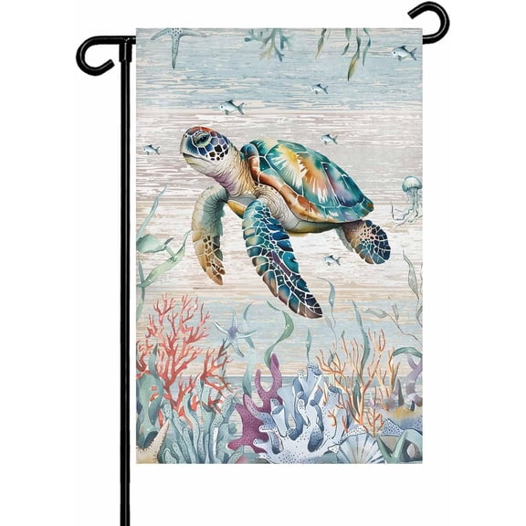 Coastal Turtle Garden Flag 12x 18 Double Side, Nautical Beach Sea Ocean Coral Vintage Garden Flags Outside House Flag Banner Welcome Yard Flags for Holiday Party Outdoor Decorations All Seasons