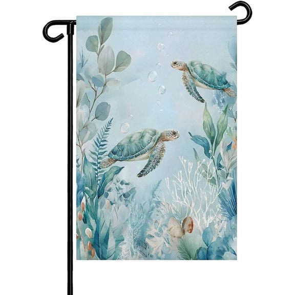 Coastal Turtle Garden Flag 12x 18 Double Side, Nautical Eucalyptus Leaves Coral Seaweed Garden Flags Outside House Flag Banner Welcome Yard Flag for Holiday Party Outdoor Decorations All Seasons