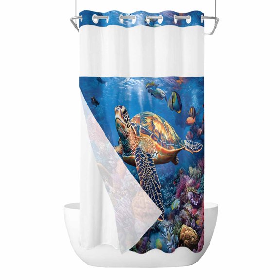 Coastal Turtle No Hook Shower Curtain Waterproof,Bathroom Curtains with Snap in Liners and See Through Top Window,Turquoise Coral Tropical Ocean Animal Fish Hotel Bathtub Curtains Shower 36"Wx72"L