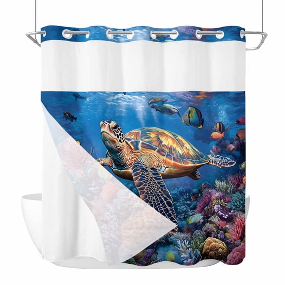 Coastal Turtle No Hook Shower Curtain Waterproof,Bathroom Curtains with Snap in Liners and See Through Top Window,Turquoise Coral Tropical Ocean Animal Fish Hotel Bathtub Curtains Shower 66"Wx72"L