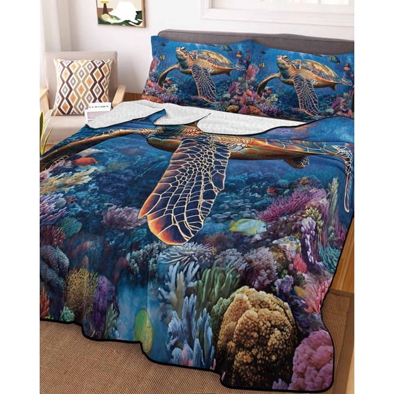 Coastal Turtle King Size Down Alternative Comforter,Lightweight Comforter Quilt Bedding Set with Pillow Shams Turquoise Coral Tropical Ocean Animal Fish Bed Comforter Duvet Insert 96"x106"